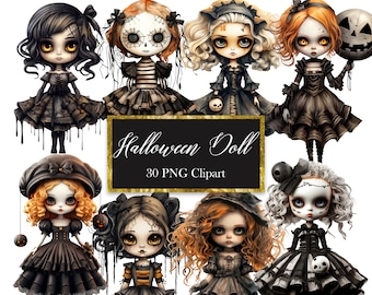 May include: Set of 30 digital clipart images featuring Halloween dolls. The dolls are dressed in black and white dresses with spooky details. Some dolls are holding pumpkins or skulls. The images are perfect for crafting, scrapbooking, and other creative projects.