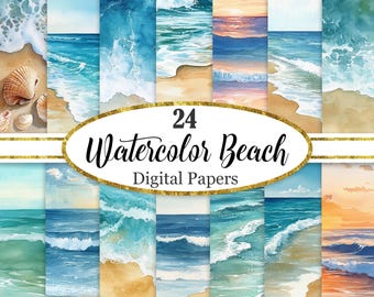 Watercolor Beach Digital Paper, Sea Background, Scrapbook Papers, Digital Download