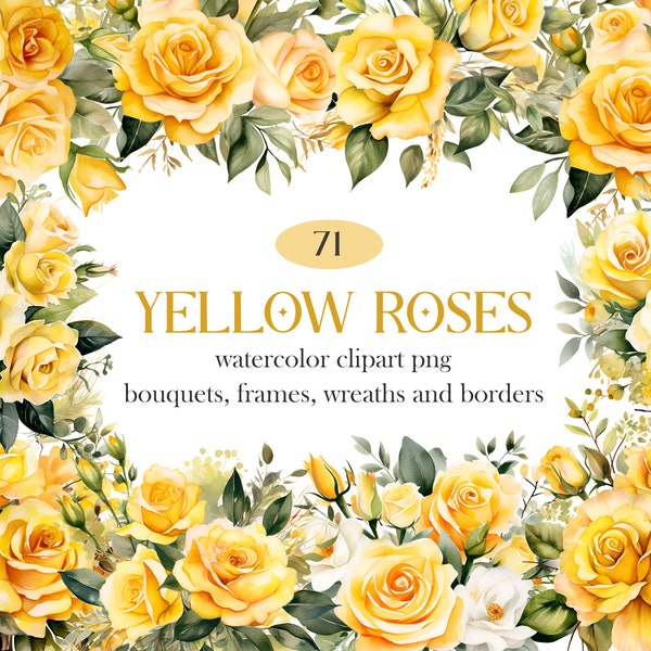 Yellow Rose PNG Watercolor Clipart, Wedding Flowers Bouquet, Watercolor Floral Clipart Bouquets Wreath, Digital Download