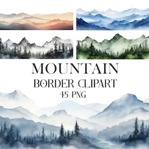 Mountain Clipart, Mountain Border, Mountain PNG, Watercolor Mountain Clipart Bundle, Landscape, Sublimation, Digital Download