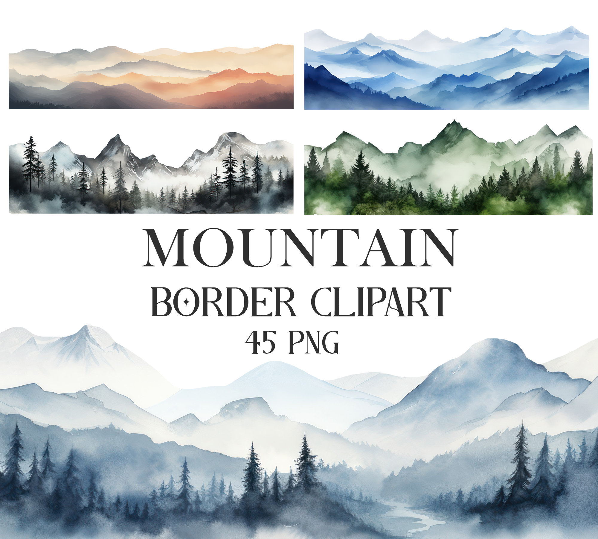 Mountain Clipart, Mountain Border, Mountain PNG, Watercolor Mountain ...
