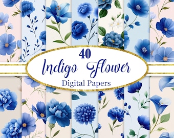 Indigo Blue Flower Digital Paper, Blue Floral Background, Spring Flower, Scrapbook Paper, Digital Download