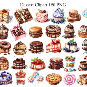 May include: A collection of 20 watercolour illustrations of various desserts, including cakes, cupcakes, doughnuts, pies, and pastries. The desserts are decorated with colourful frosting, sprinkles, and fruit.