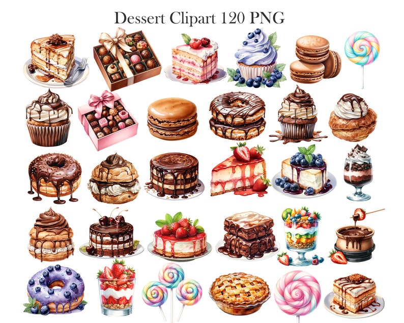 May include: A collection of 20 watercolour illustrations of various desserts, including cakes, cupcakes, doughnuts, pies, and pastries. The desserts are decorated with colourful frosting, sprinkles, and fruit.