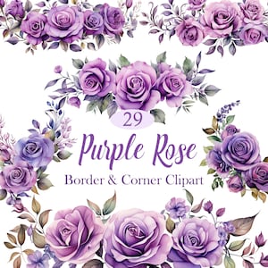 May include: A set of 29 purple watercolour rose floral clipart images. The images are perfect for creating borders and corners for invitations, cards, and other paper crafts.