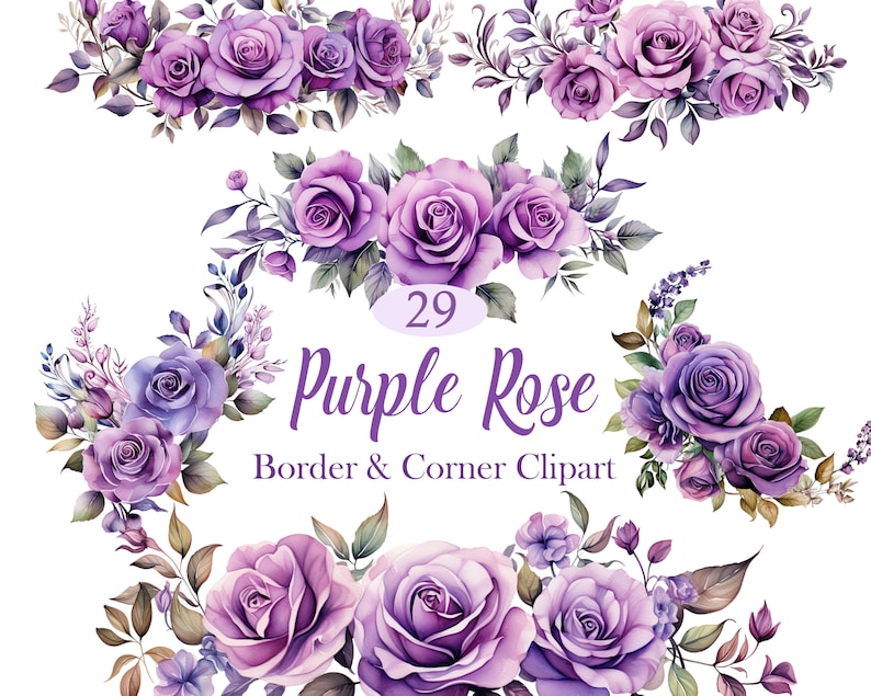 May include: A set of 29 purple watercolor rose floral clipart images. The images are perfect for creating borders and corners for invitations, cards, and other paper crafts.