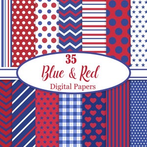Può includere: Una collezione di 35 carte digitali con motivi rossi e blu. I disegni includono pois, strisce, chevron, stelle, cuori e quadri. Il testo "35 Blue & Red Digital Papers" è visualizzato su uno striscione ovale.