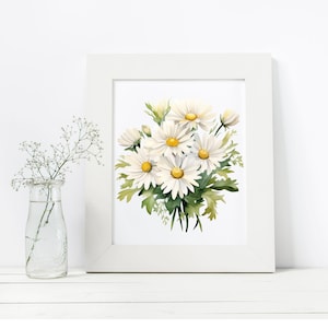 May include: A white framed print featuring a watercolour painting of a bouquet of white daisies with yellow centres. The daisies are arranged in a cluster with green leaves.