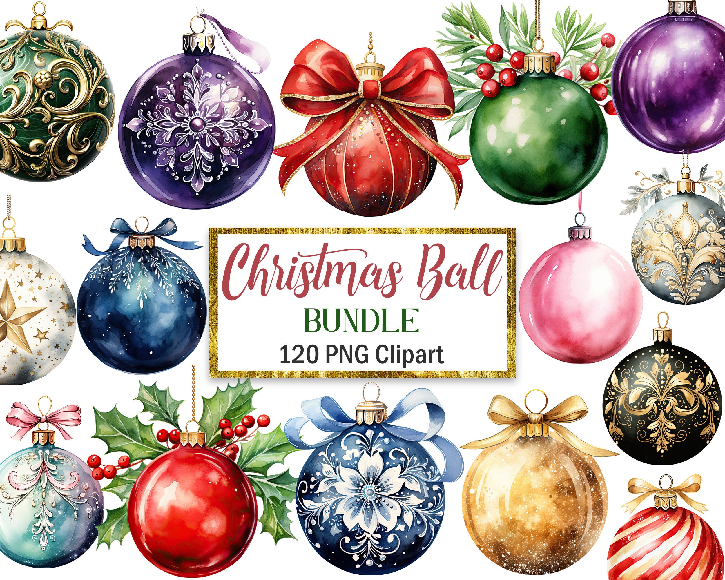 Christmas Ball Clipart, Watercolor Christmas Ornament PNG, Christmas Decor, Sublimation, Digital Download