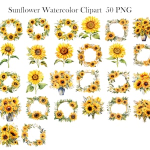 May include: A set of 50 watercolor sunflower clipart images. The images feature sunflowers in wreaths, bouquets, and single stems. The sunflowers are painted in shades of yellow and brown.