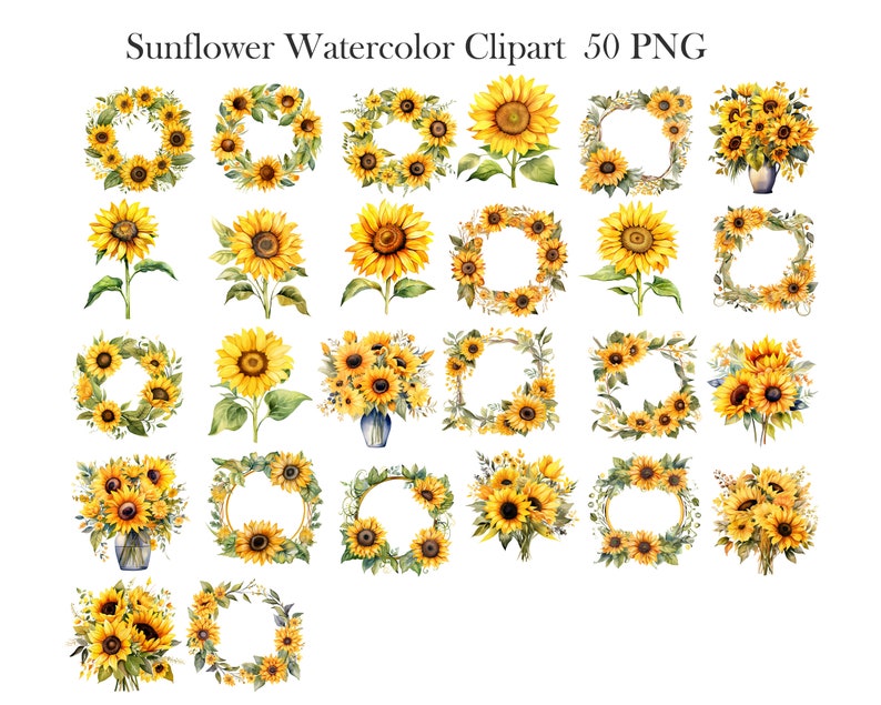 May include: A set of 50 watercolor sunflower clipart images. The images feature sunflowers in wreaths, bouquets, and single stems. The sunflowers are painted in shades of yellow and brown.