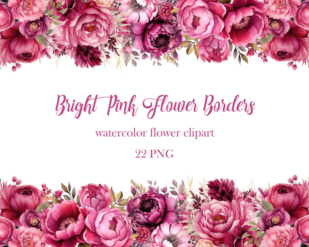 Bright Pink Flower Border Clipart, Watercolor Flower Border PNG Bundle