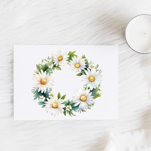 May include: A watercolour illustration of a wreath made of white daisies with yellow centres and green leaves.