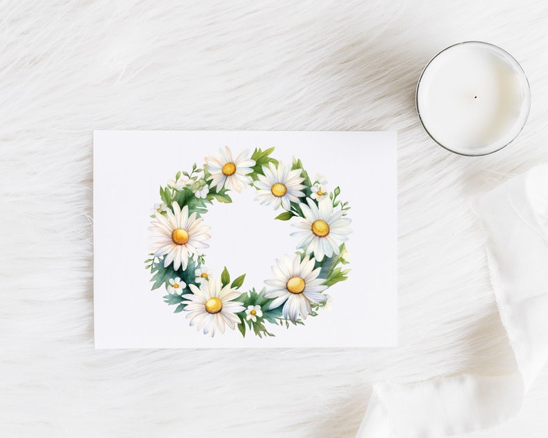 May include: A watercolour illustration of a wreath made of white daisies with yellow centres and green leaves.