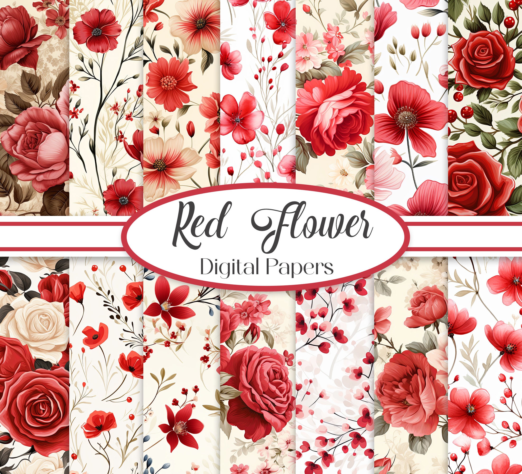 Red Flower Digital Paper, Watercolor Floral Background, Scrapbook Papers, Junk Journal, Rose, Digital Download