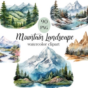 Berg clipart, aquarel berglandschap clipart, berg png, sublimatie, natuur, bos, plakboek, digitale download