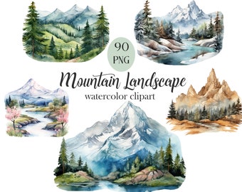 Mountain Clipart, Watercolor Mountain Landscape Clipart, Mountain PNG, Sublimation, Nature, Forest, Scrapbook, Digital Download