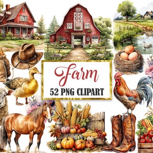 Peut inclure: Une illustration aquarelle d'une scène de ferme avec une grange rouge, un coq, un canard, un mouton, un cheval, un panier de citrouilles, une paire de bottes de cow-boy et un sac de grain. L'illustration est intitulée "Farm 52 PNG Clipart".