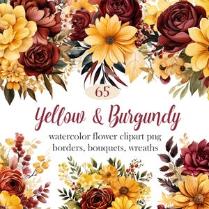 Pode incluir: 65 imagens de clipart de aquarela com flores amarelas e bordô. As imagens incluem bordas, buquês e coroas.