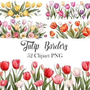 Op de afbeelding: Waterverfillustraties van tulpenranden in verschillende kleuren, waaronder geel, roze, rood, oranje en paars. De afbeelding bevat de tekst "Tulip Borders" en "52 Clipart PNG". De tulpen zijn gerangschikt in een decoratieve randstijl.