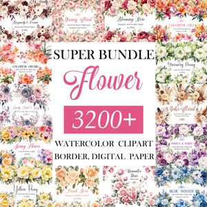 Blumen Clipart Bundle, Aquarell Blumen Clipart, Blume PNG, Sublimation, Blumen digitales Papier, Grenze, Blumenstrauß, Kranz, digitaler Download