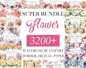 Flower Clipart Bundle, Watercolor Floral Clipart, Flower PNG, Sublimation, Floral Digital Paper, Border, Bouquet, Wreath, Digital Download