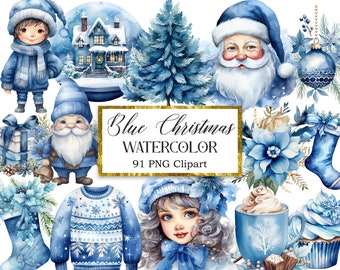 Blue Christmas Clipart, Watercolor Winter Christmas PNG, Sublimation, Christmas Decor Digital Download