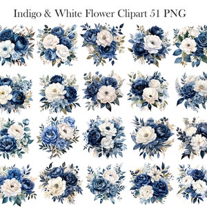 May include: A set of 24 indigo and white watercolour flower clipart images. The flowers are arranged in bouquets and feature a variety of blue and white blooms.