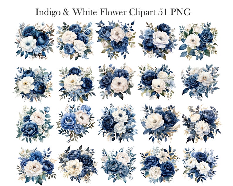 May include: A set of 24 indigo and white watercolour flower clipart images. The flowers are arranged in bouquets and feature a variety of blue and white blooms.
