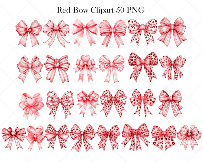 Puede incluir: Un conjunto de 50 im&aacute;genes de clipart de lazos rojos en formato PNG. Los lazos son de varios estilos, incluyendo lunares, rayas e estampado de leopardo.