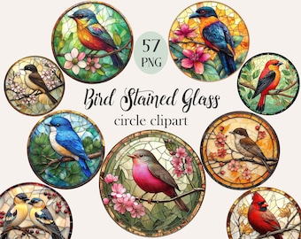 Bird Stained Glass Circle Clipart, Bird PNG, Digital Download