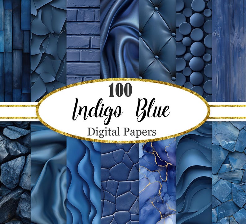 May include: A collection of 100 digital papers in various shades of indigo blue. The papers feature different textures, including wood, brick, leather, and marble.