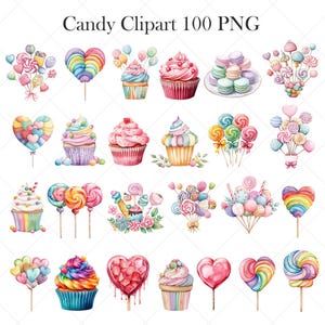 May include: A set of 100 watercolor clipart images featuring colorful candy, cupcakes, and macarons. The images are perfect for creating invitations, party decorations, and other craft projects.