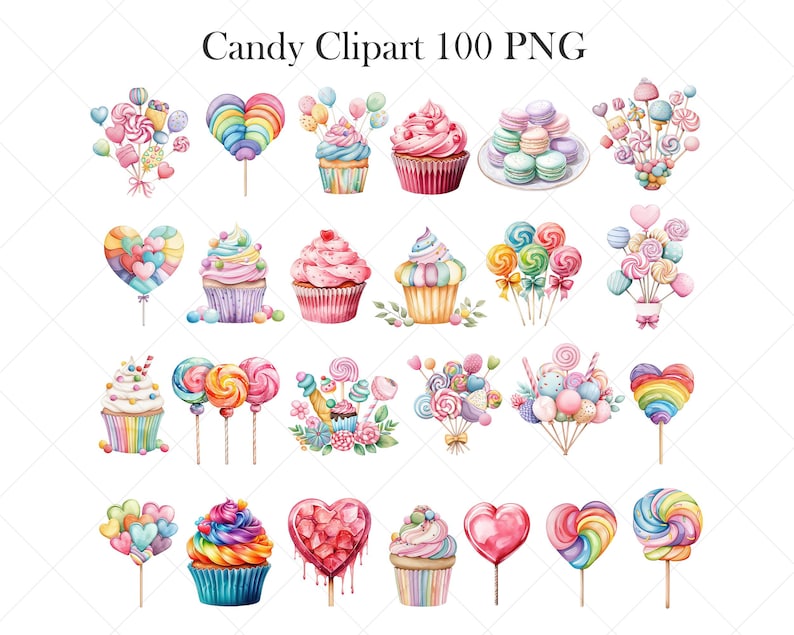 May include: A set of 100 watercolor clipart images featuring colorful candy, cupcakes, and macarons. The images are perfect for creating invitations, party decorations, and other craft projects.