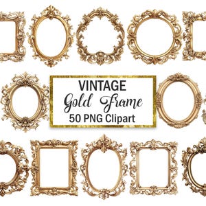 Puede incluir: Una colección de marcos vintage dorados y ornamentados en varias formas, incluyendo diseños cuadrados, ovalados y circulares. Los marcos presentan detalles intrincados y están dispuestos sobre un fondo blanco. El texto dice "VINTAGE Gold Frame 50 PNG Clipart."
