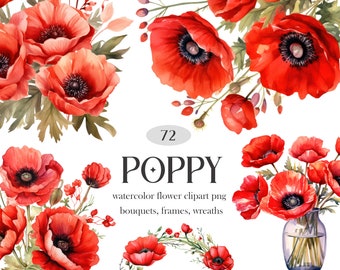 Poppy Flower PNG Clipart, Watercolor Floral PNG, Red Poppy Bouquet Wreath Clipart, Flower Sublimation