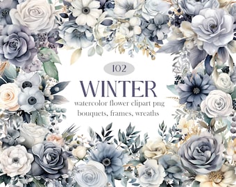 Winter Flower PNG, Watercolor Winter Floral Clipart Bundle, Grey Flower Wreath Bouquet Clipart, Digital Download