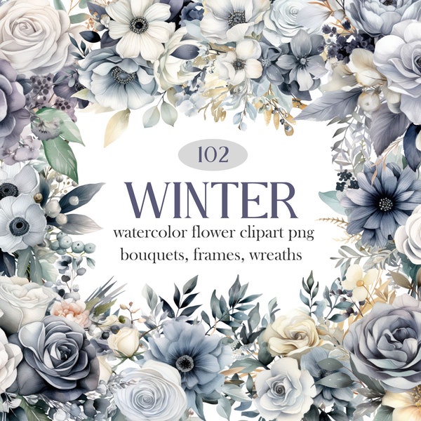 Winter Flower PNG, Watercolor Winter Floral Clipart Bundle, Grey Flower Wreath Bouquet Clipart, Digital Download