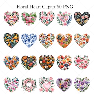 May include: A collection of 15 watercolor heart-shaped floral clip art images. Each heart is filled with colorful flowers and foliage, in shades of pink, yellow, blue, and orange. The text "Floral Heart Clipart 60 PNG" is at the top.
