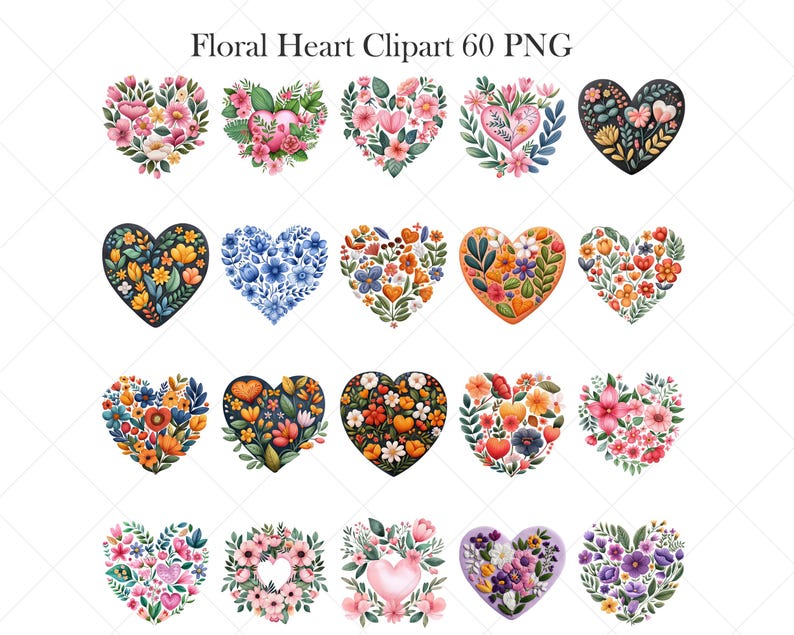 May include: A collection of 15 watercolor heart-shaped floral clip art images. Each heart is filled with colorful flowers and foliage, in shades of pink, yellow, blue, and orange. The text "Floral Heart Clipart 60 PNG" is at the top.