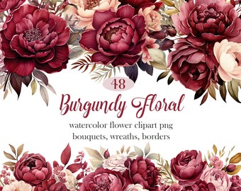 Burgundy Flower Clipart, Watercolor Burgundy Floral PNG, Wedding Flower, Fall Floral, Bouquet, Wreath, Border, Digital Download
