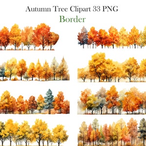May include: A digital illustration of a border of autumn trees with yellow, orange, and red leaves. The trees are arranged in a row and are set against a white background. The text "Autumn Tree Clipart 33 PNG Border" is at the top of the image.