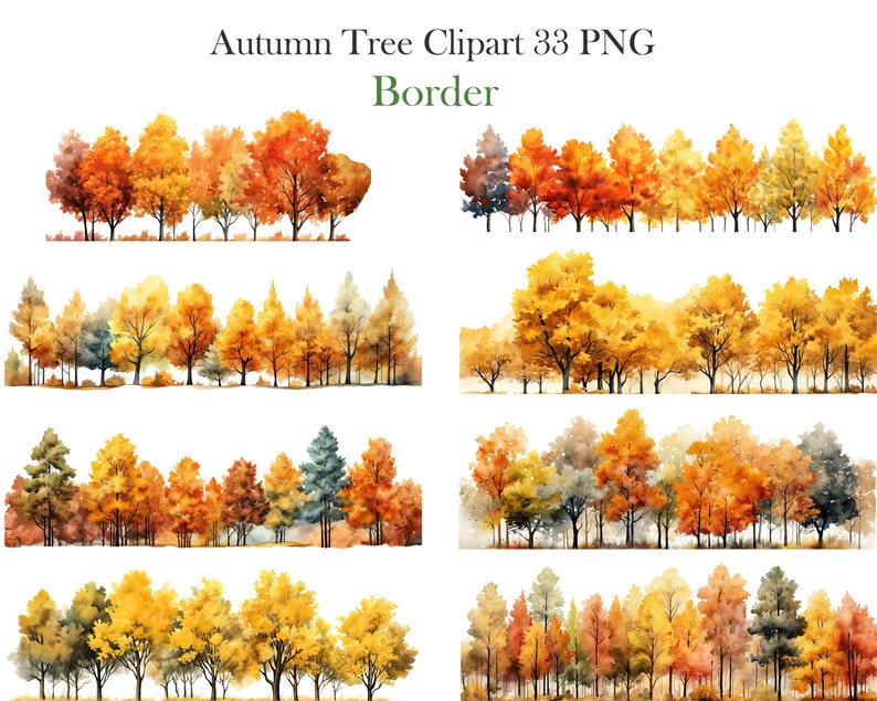 May include: A digital illustration of a border of autumn trees with yellow, orange, and red leaves. The trees are arranged in a row and are set against a white background. The text "Autumn Tree Clipart 33 PNG Border" is at the top of the image.