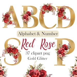 May include: Gold glitter alphabet letters A, B, C, S, and P, decorated with red rose floral arrangements. The image includes the text "Alphabet & Number" and "Red Rose 37 clipart png Gold Glitter."