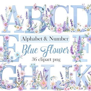 Blauwe bloemen alfabet clipart, aquarel bloem alfabet png, letters clipart, nummer, sublimatie, digitale download