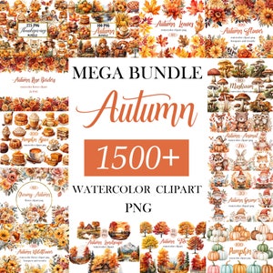秋のクリップアート バンドル、水彩画の秋の PNG、秋の花、秋の昇華、感謝祭、カボチャ、風景、キノコ、デジタル ダウンロード
