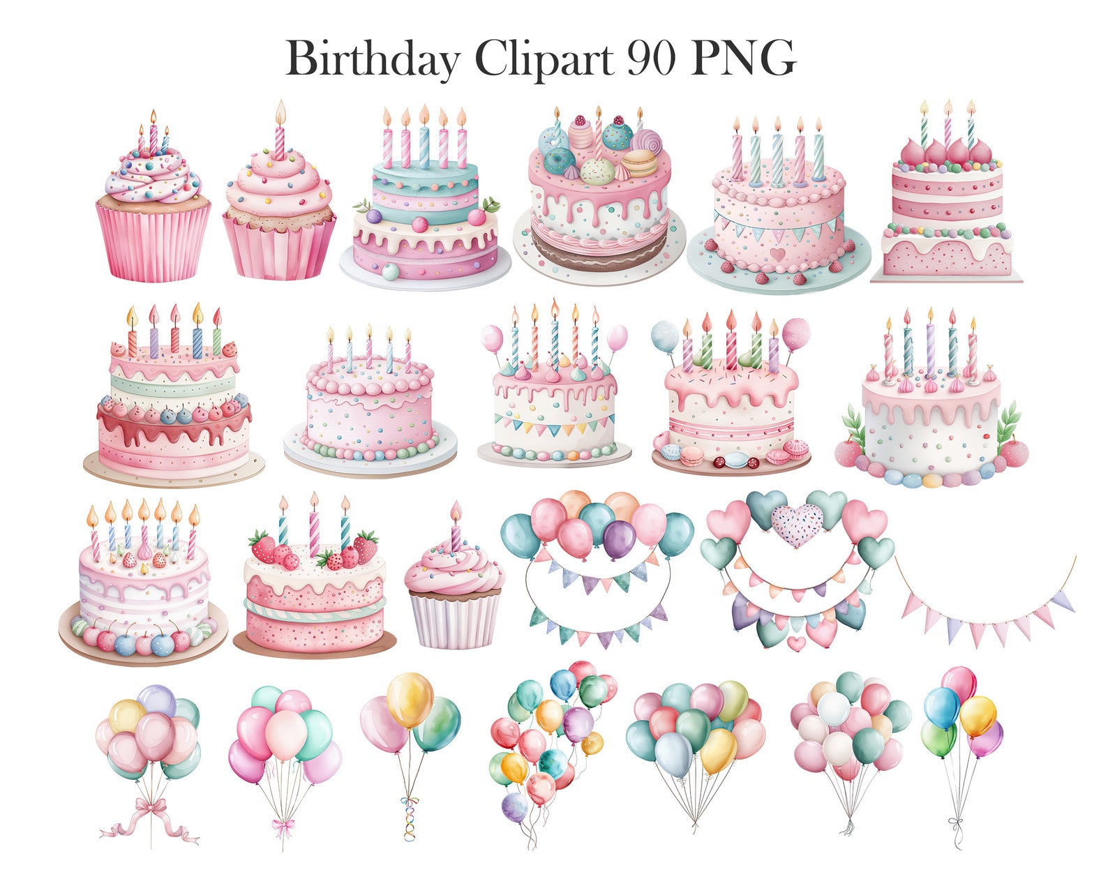 Birthday Clipart, Watercolor Birthday PNG Bundle, Birthday Party Decor ...