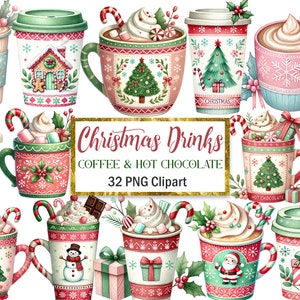 Clipart boissons de Noël, aquarelle Noël café PNG, sublimation de Noël, chocolat chaud, journal indésirable, scrapbooking, téléchargement numérique