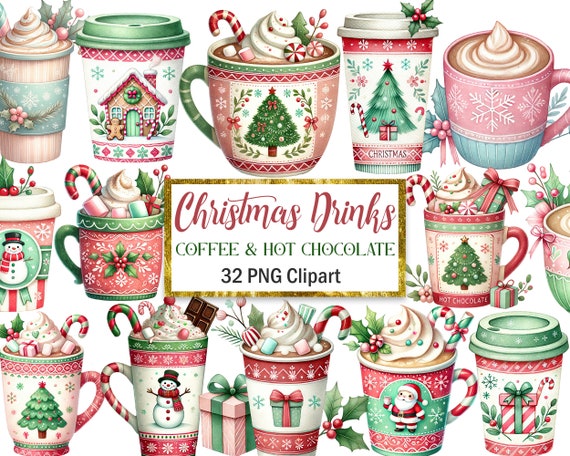 Christmas Drinks Clipart, Watercolor Christmas Coffee PNG, Christmas Sublimation, Hot Chocolate, Junk Journal, Scrapbook, Digital Download