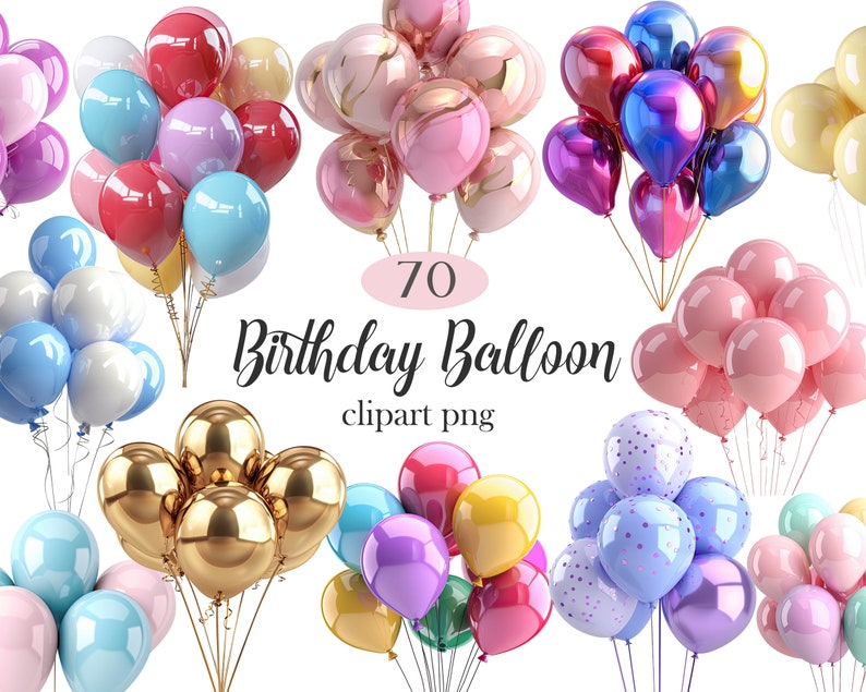 May include: A collection of colorful birthday balloons in various shades, including red, blue, pink, gold, and purple. The image includes the text "70 Birthday Balloon clipart png."